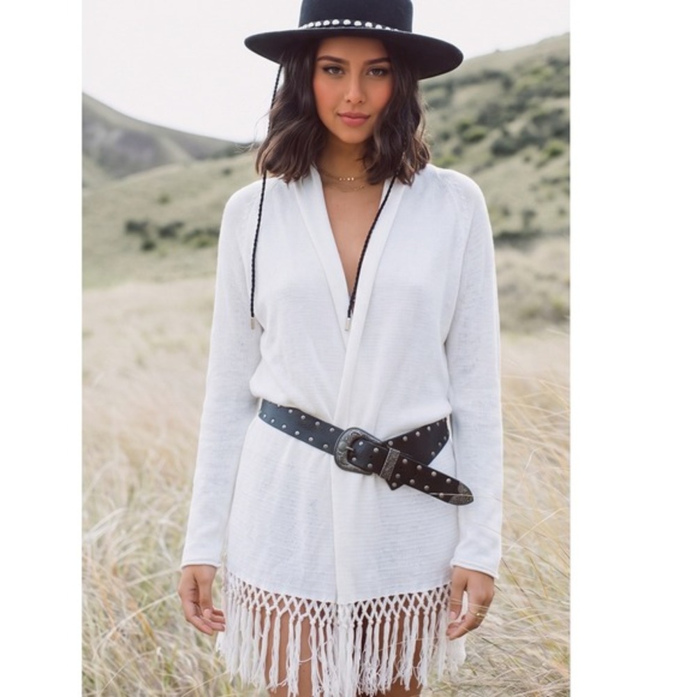 Lilly Pulitzer White Open Front Cardigan Fringe Hem‎ Cotton Knit Sweater S